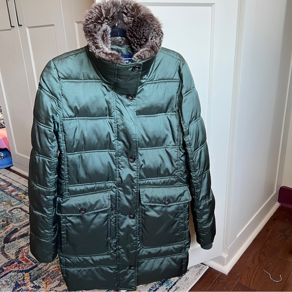 Lands' End Women's Forest Green PrimaLoft Insulated Puffer Coat Faux Fur Collar - Picture 8 of 10